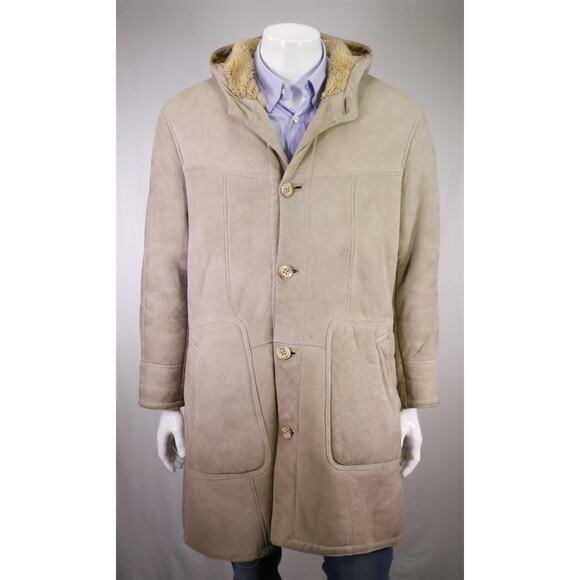Vintage Men's Suede Leather Shearling Duffle Hooded Coat Eu 54 - US 44 - Picture 1 of 10